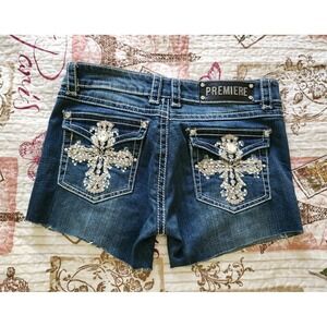 Rue 21 Premiere Style Cut Off Denim Shorts Womens Rhinestone Embellish Size 3/4R